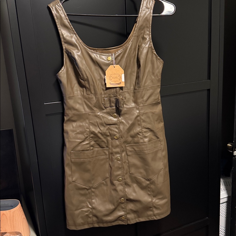 Kori Brown Faux Leather Dress with Button Details